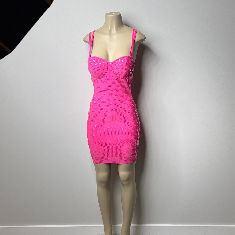 AKIRA Hot Pink Studded Cutout Bodycon Mini Dress - Picture 4 of 10